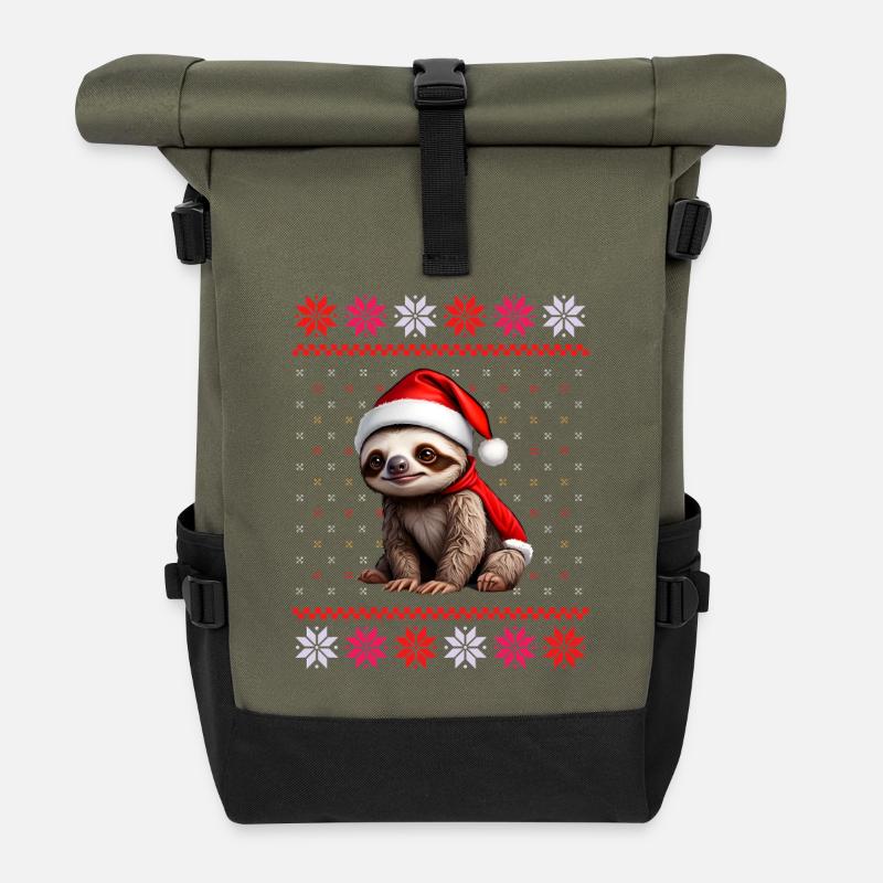Faultier mit Weihnachtsmütze in Ugly-Muster - Rolltop Rucksack - Olive/Schwarz