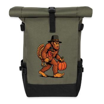 Bigfoot Carrying Turkey Thanksgiving Humor - Roll Top Backpack - olive/black - Front