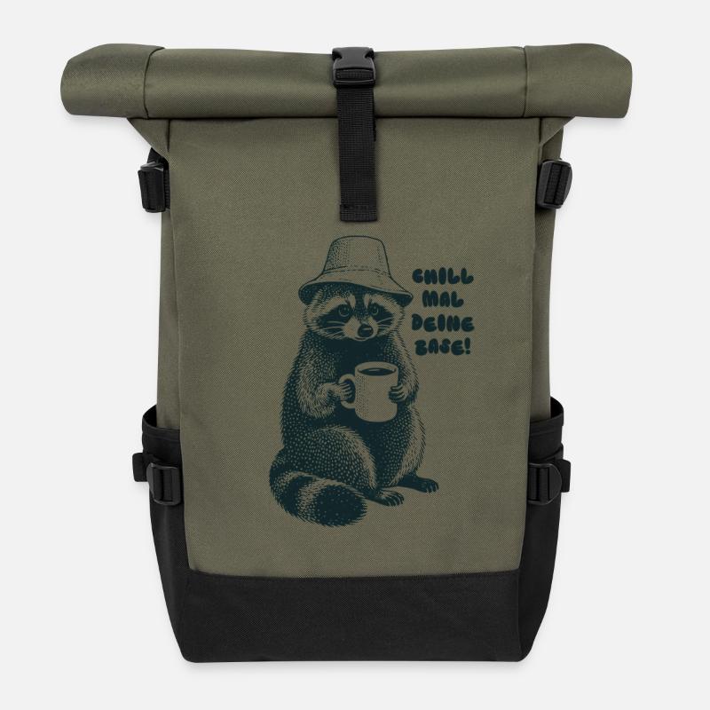 Chill mal deine Base - Waschbär - Rolltop Rucksack - Olive/Schwarz