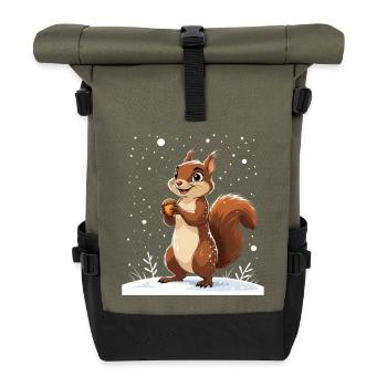 Winter squirrel with acorn - Roll Top Backpack - olive/black - Front