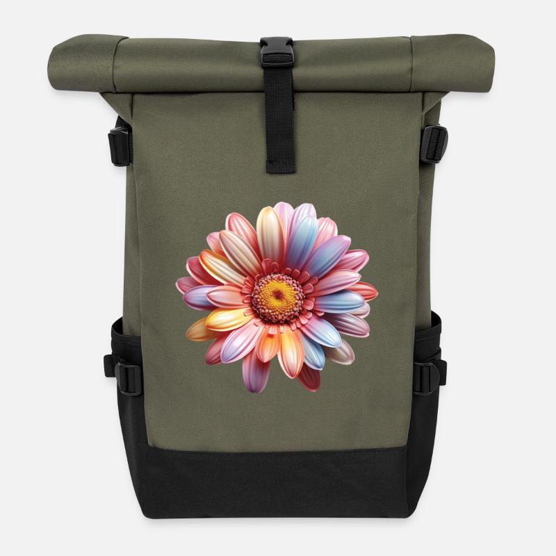 Regenbogen Gänseblümchen – Bunte Flowerpower - Rolltop Rucksack - Olive/Schwarz