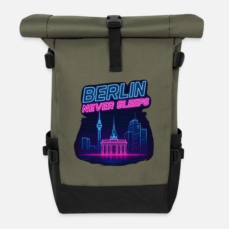 Berlin Never Sleeps Neon Skyline Design - Rolltop Rucksack - Olive/Schwarz