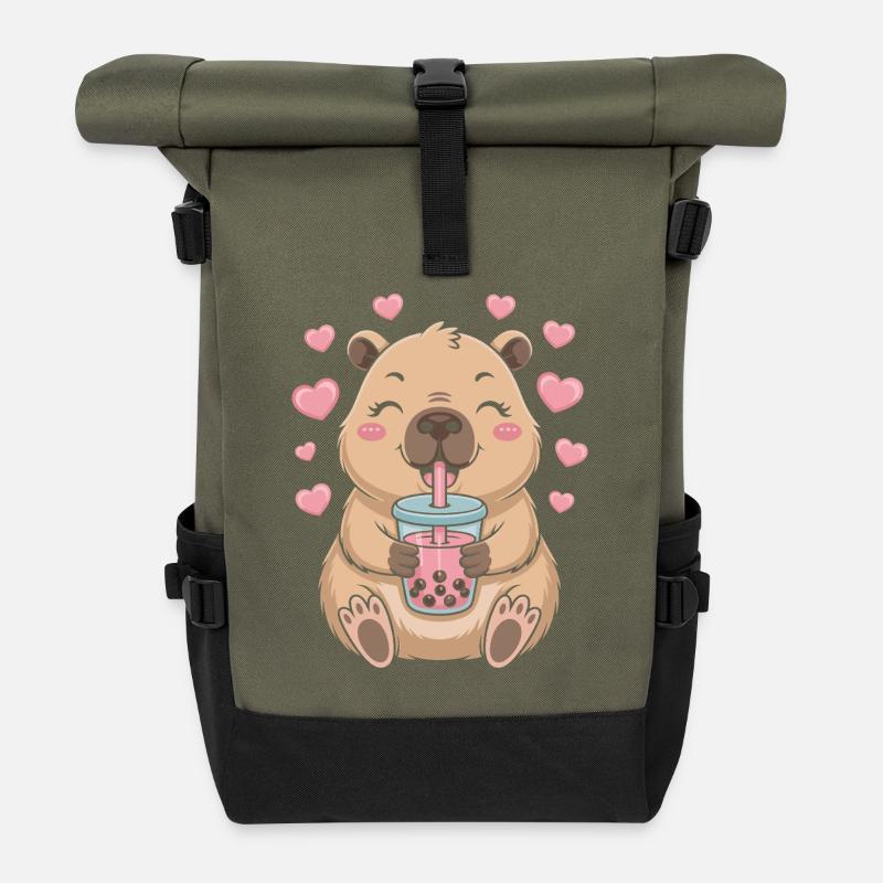 Kawaii Bubble Tee Capybara Boba Tee - Rolltop Rucksack - Olive/Schwarz
