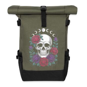 Gothic Totenschädel mit Mondphasen und Rosen Design - Rolltop Rucksack - Olive/Schwarz - Vorne