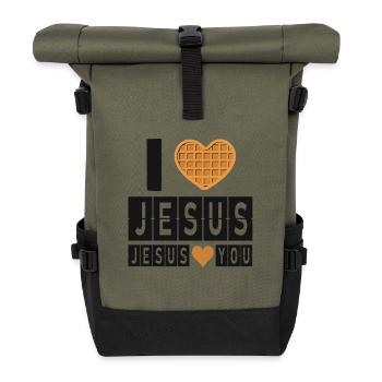 I Love Jesus Waffle Heart Faith Design - Roll Top Backpack - olive/black - Front