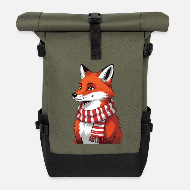Roter Fuchs mit Schal Illustration - Rolltop Rucksack - Olive/Schwarz
