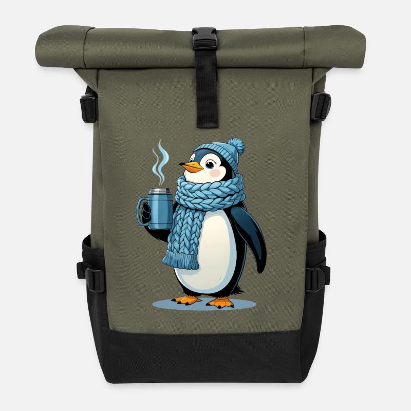 Kuschelpinguin mit blauem Schal - Rolltop Rucksack - Olive/Schwarz
