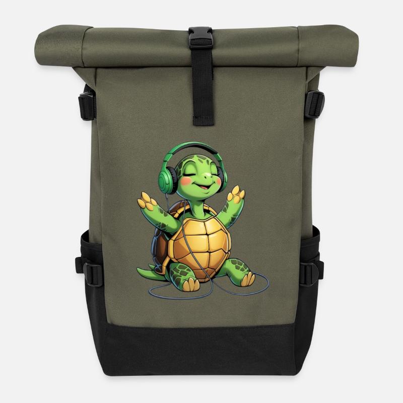 Musikturtle mit Kopfhörern - Rolltop Rucksack - Olive/Schwarz