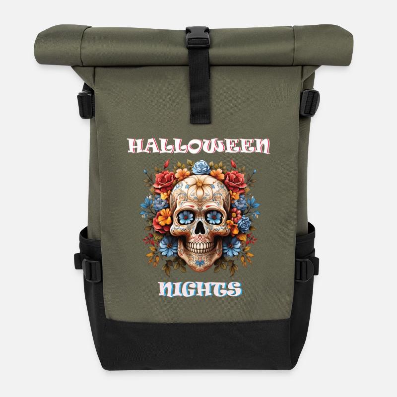 Halloween Skull Sugar Design - Roll Top Backpack - olive/black