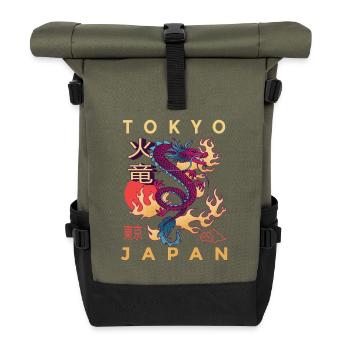 Japanese Flames Dragon – Kanji Calligraphy - Roll Top Backpack - olive/black - Front