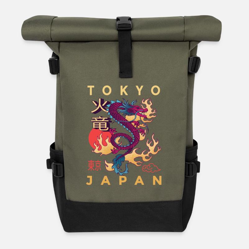 Japanese Flames Dragon – Kanji Calligraphy - Roll Top Backpack - olive/black