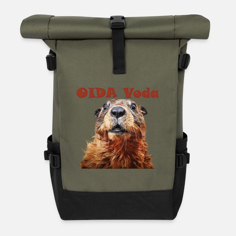 Oida Voda Murmeltier Design - Rolltop Rucksack - Olive/Schwarz