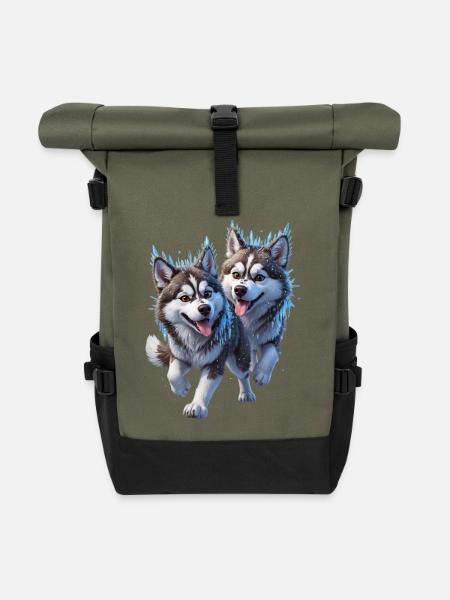 Zwei Husky mit Schnee und Eiszapfen - Rolltop Rucksack - Olive/Schwarz