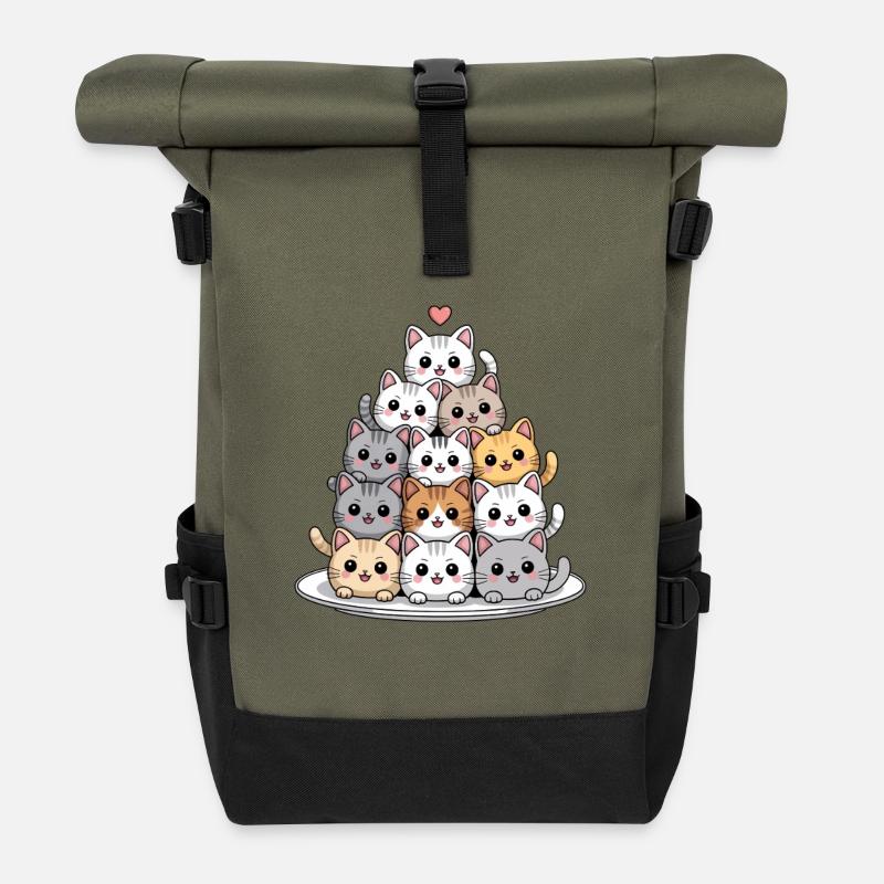 Süße Katzenstapel Mit Herz Cartoon - Rolltop Rucksack - Olive/Schwarz