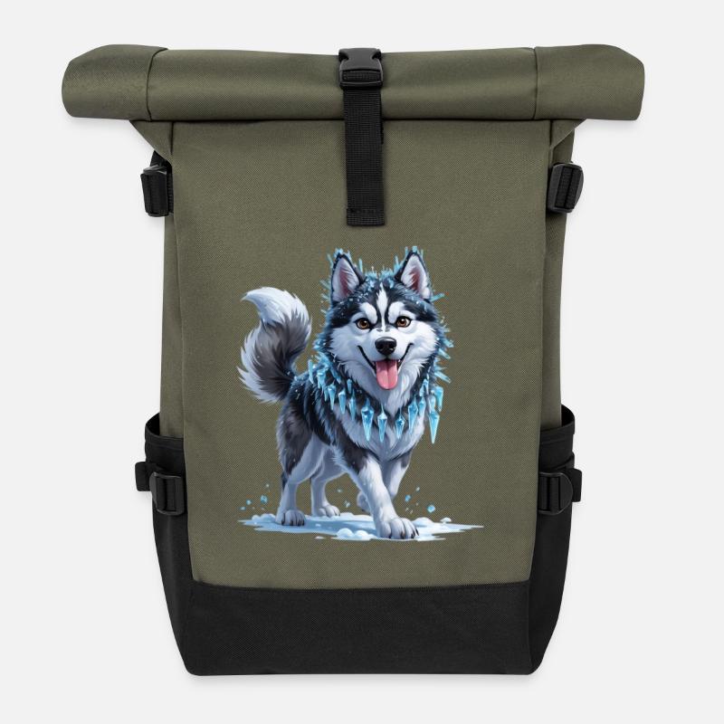 Eis Husky mit Eiskristallkette - Rolltop Rucksack - Olive/Schwarz