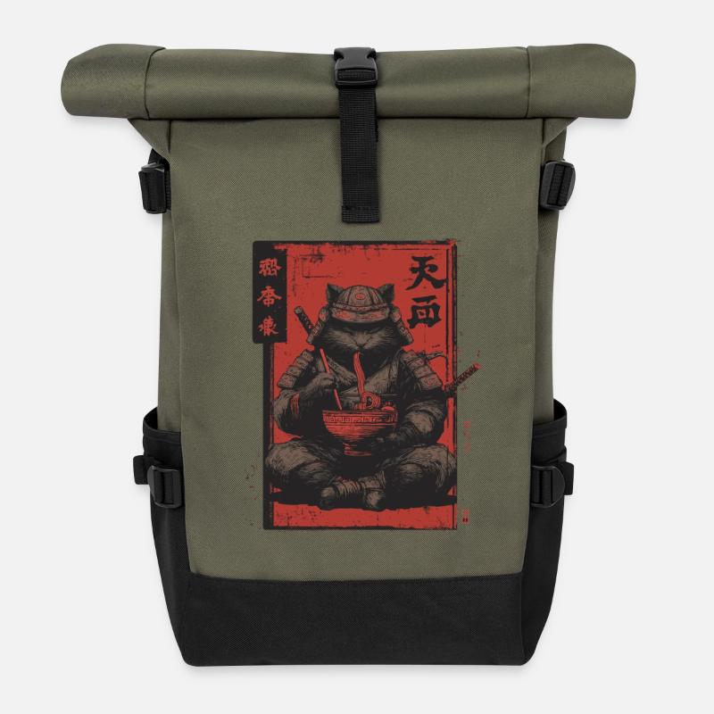 Samurai Cat Ramen Japan Streetwear Design - Roll Top Backpack - olive/black