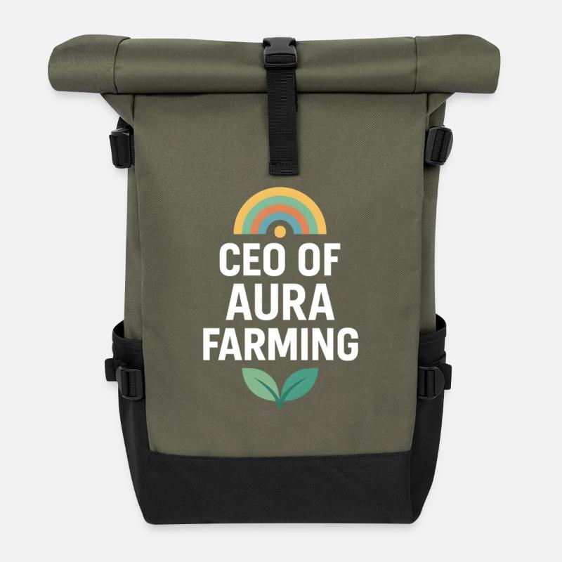 Aura Farming CEO, lustiger Meme-Spruch - Rolltop Rucksack - Olive/Schwarz