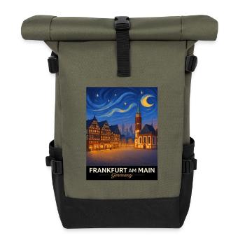 Frankfurt am Main Nachtansicht - Rolltop Rucksack - Olive/Schwarz - Vorne