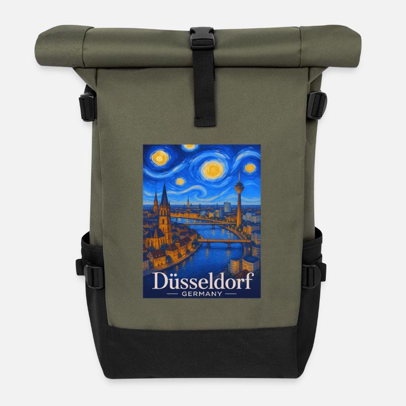 Düsseldorf Nachtpanorama am Rhein - Rolltop Rucksack - Olive/Schwarz