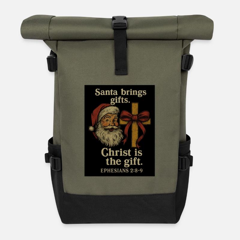 Christus ist das Geschenk: Kreuz des Weihnachtsmanns - Rolltop Rucksack - Olive/Schwarz