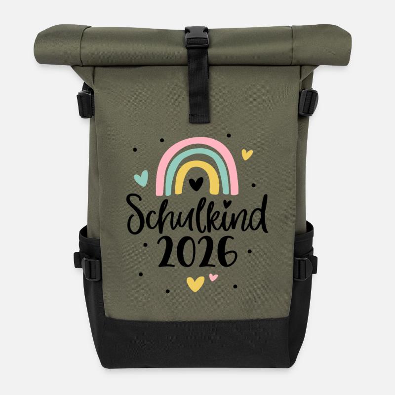 Schulkind 2026 Regenbogen Herz Einschulung - Rolltop Rucksack - Olive/Schwarz