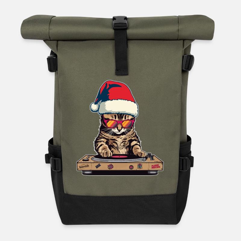 DJ Katze mit Weihnachtsmütze - Rolltop Rucksack - Olive/Schwarz