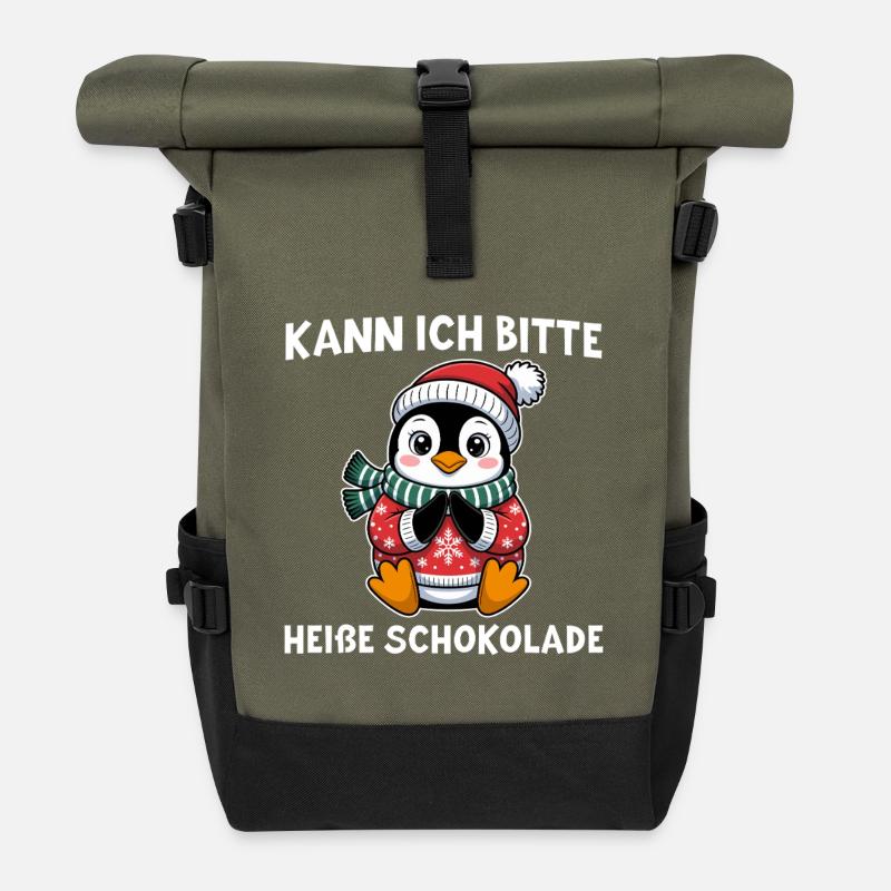 Pinguin mit Weihnachtsmütze Heiße Schokolade - Rolltop Rucksack - Olive/Schwarz