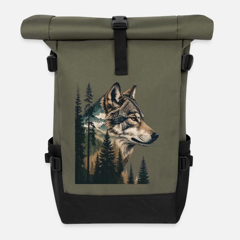 Waldwolf Portrait mit Bergen - Rolltop Rucksack - Olive/Schwarz