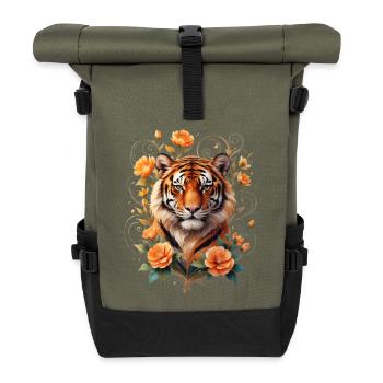 Tiger mit Blütenranken Ornament - Rolltop Rucksack - Olive/Schwarz - Vorne