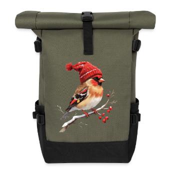 Winter Kardinal mit roter Bommelmütze - Rolltop Rucksack - Olive/Schwarz - Vorne