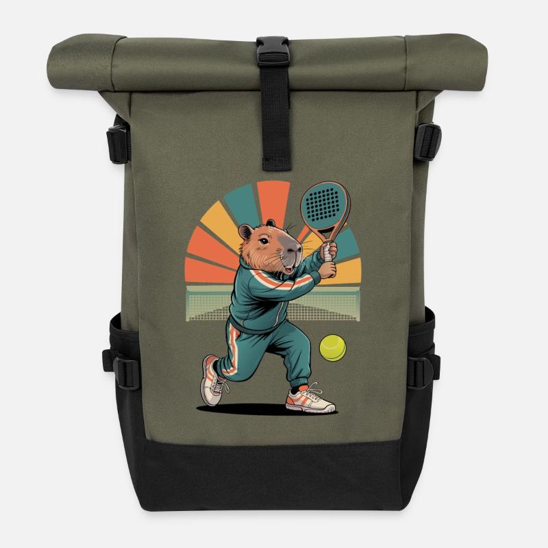 Capybara joue au padel dans un style rétro - Sac à dos roll top - olive/noir