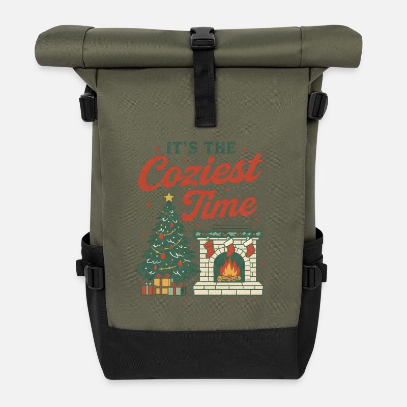 Cozy Christmas Fireplace & Tree Design - Rolltop Rucksack - Olive/Schwarz