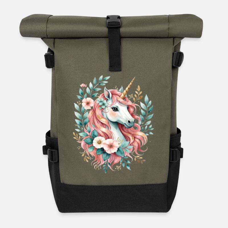 Pastellunicorn mit Blütenkranz - Rolltop Rucksack - Olive/Schwarz