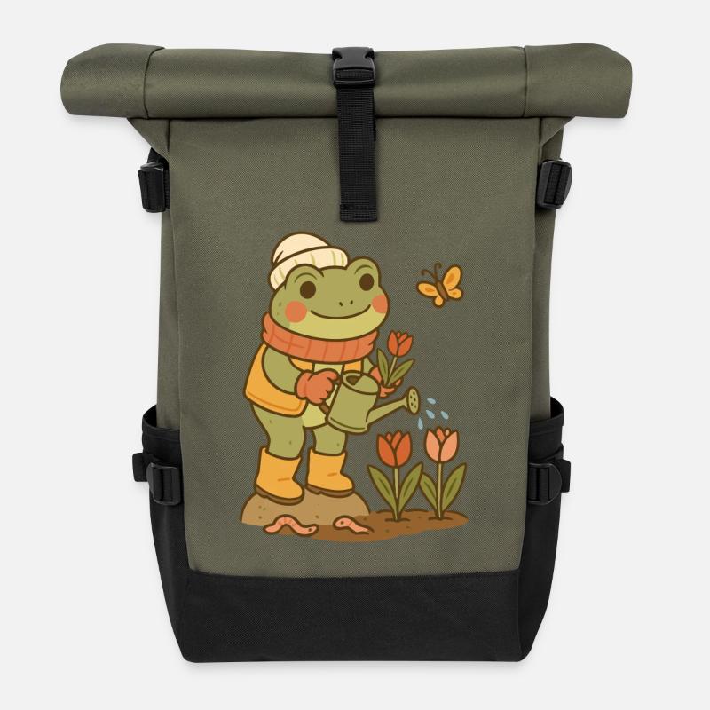 Spring Frog – Flower Garden Frogcore - Roll Top Backpack - olive/black