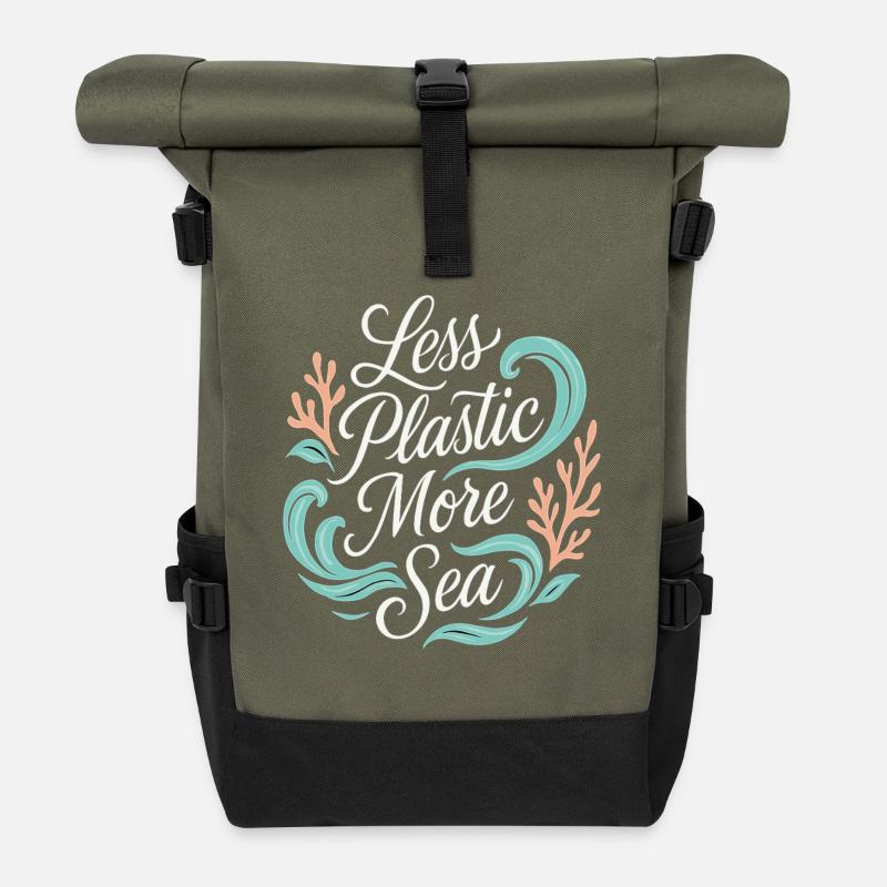 Moins de plastique, plus de mer – Protection de l’environnement et des océans - Sac à dos roll top - olive/noir