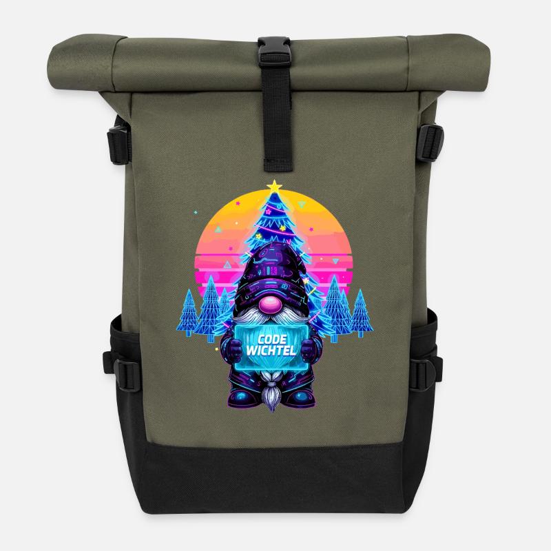 Cyberpunk Code Wichtel - Synthwave Xmas Nerd - Rolltop Rucksack - Olive/Schwarz