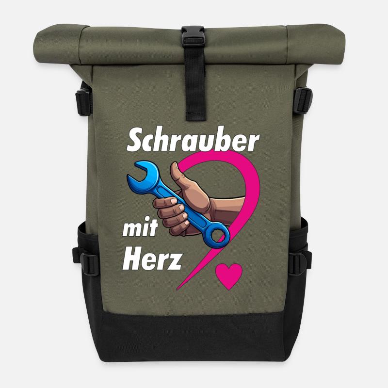 Schrauber mit HERZ - Rolltop Rucksack - Olive/Schwarz