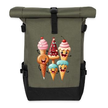 Kawaii Eiscreme Freunde Cartoon - Rolltop Rucksack - Olive/Schwarz - Vorne