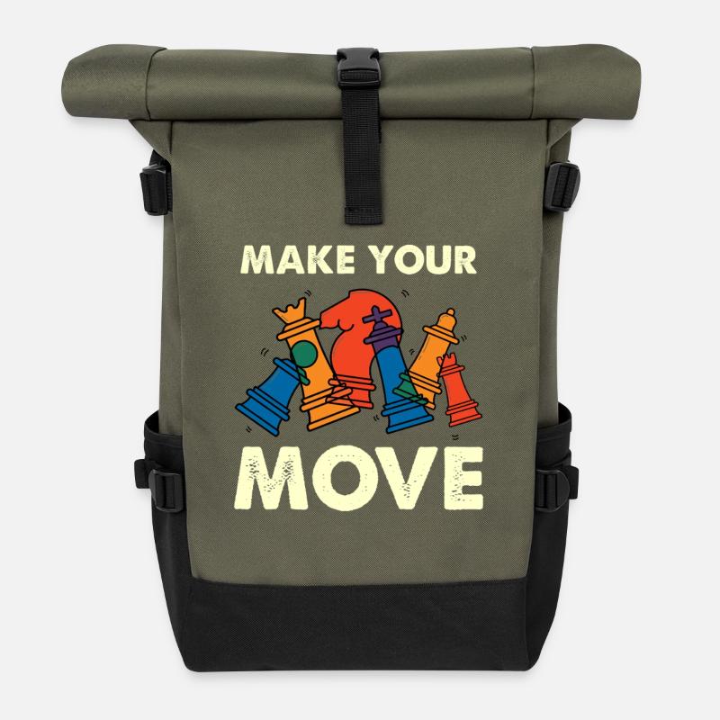 Mach deinen Zug – bunte Schachfiguren - Rolltop Rucksack - Olive/Schwarz