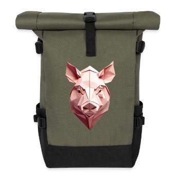 Low-Poly Schwein Kopf Pink - Rolltop Rucksack - Olive/Schwarz - Vorne