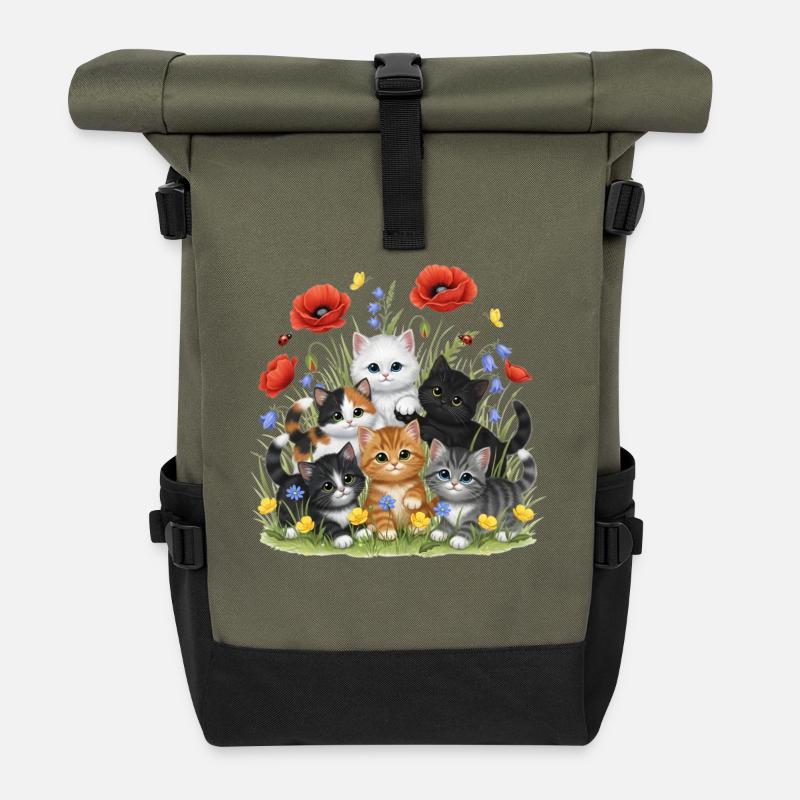Kätzchen im Blumengarten - Rolltop Rucksack - Olive/Schwarz
