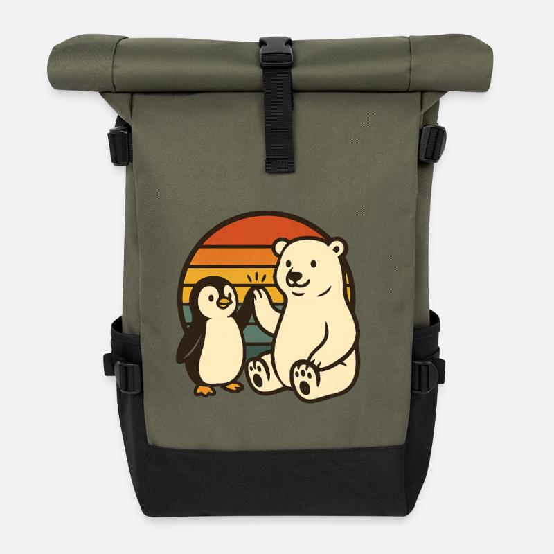 Eisbär und Pinguin - Rolltop Rucksack - Olive/Schwarz