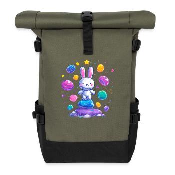 Cheerful bunny on colorful eggs - Roll Top Backpack - olive/black - Front