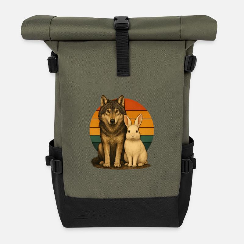 Wolf Kaninchen Retro Tierfreunde - Rolltop Rucksack - Olive/Schwarz