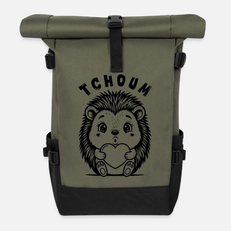 Design hérisson niglo mignon style kawaii - Sac à dos roll top - olive/noir