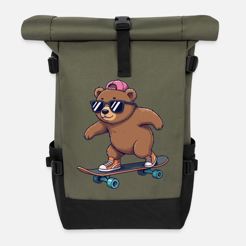 Drôle d’ours patinant sur un skateboard de dessin animé - Sac à dos roll top - olive/noir