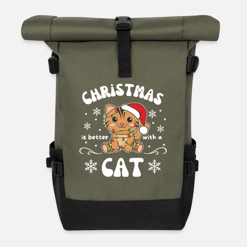 Weihnachten ist besser mit einer Katze - Rolltop Rucksack - Olive/Schwarz