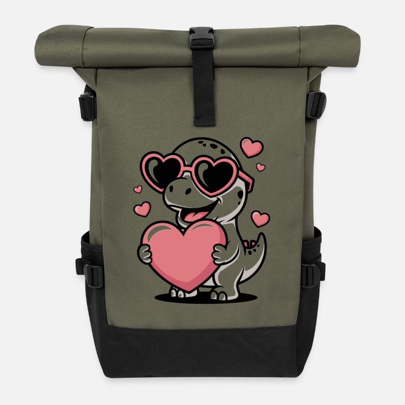 Herzbrillen-Dino voller Liebe - Rolltop Rucksack - Olive/Schwarz