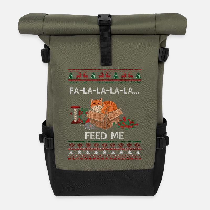 Chat de Noël dans une boîte – demandes de nourriture - Sac à dos roll top - olive/noir