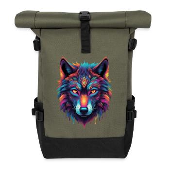 Neon-Wolf Kernmotiv Farbexplosion - Rolltop Rucksack - Olive/Schwarz - Vorne